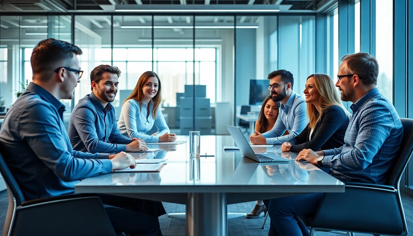 Headhunter Ingenieure im Gespräch mit einem Recruiting-Team in einem modernen Büro.