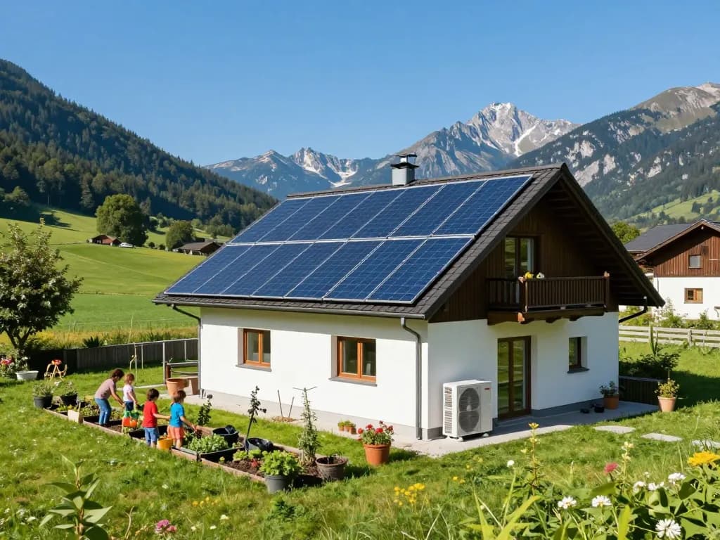 Photovoltaik Bayern, das ein nachhaltiges Zuhause mit Solarpanelen und Wärmepumpe in einer wunderschönen bayerischen Landschaft zeigt.