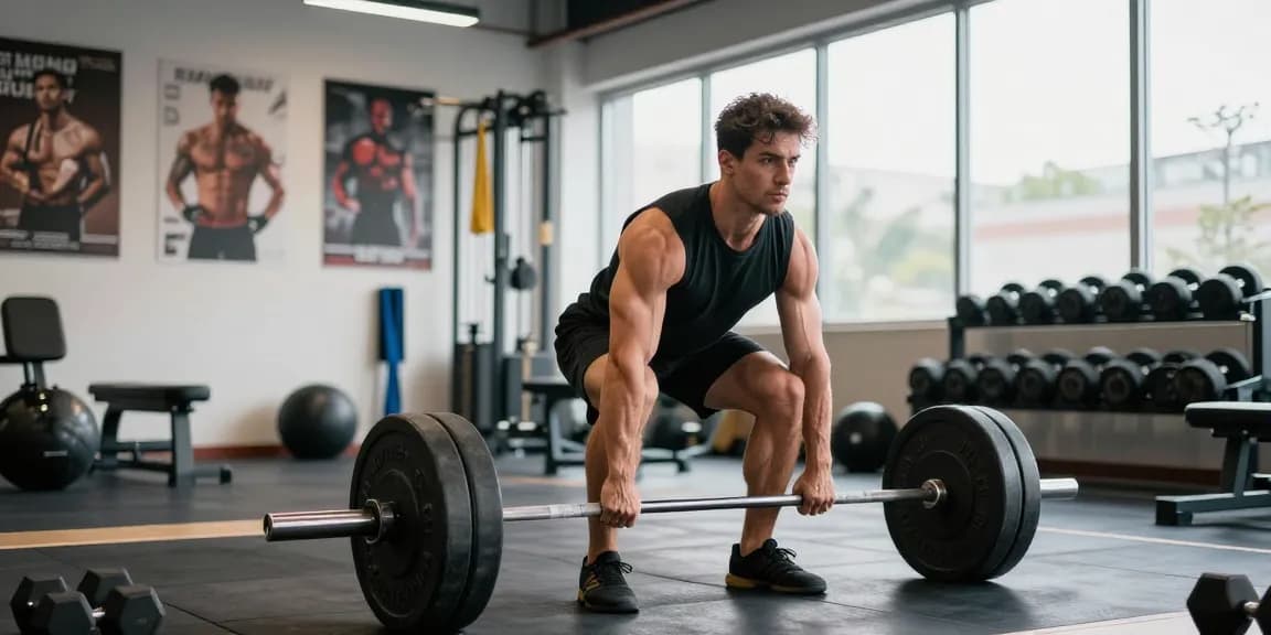 Steroidshop: Bodybuilder hebt schweres Gewicht im Fitnessstudio mit motivierender Atmosphäre.