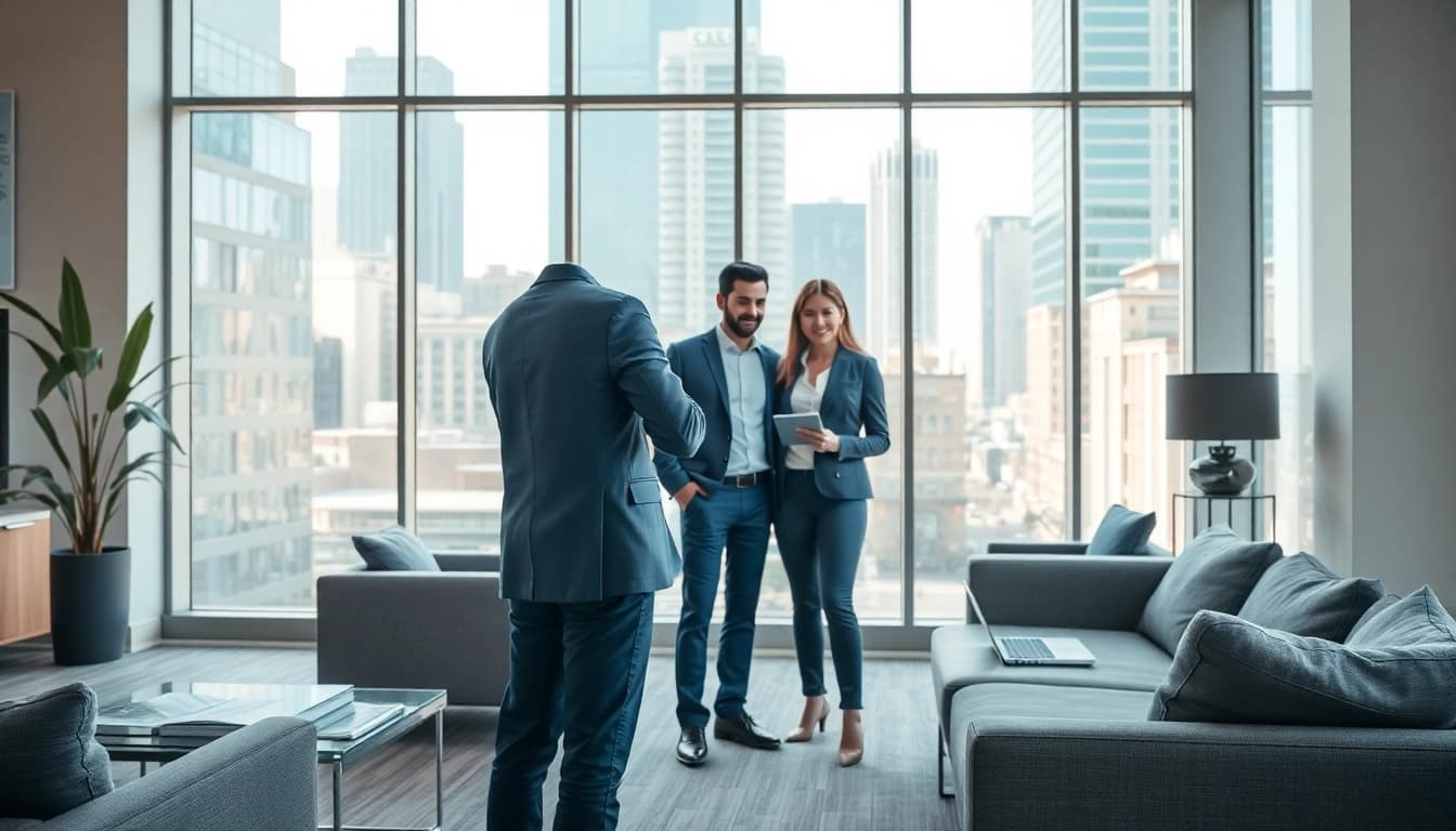 Immobilienmakler Frankfurt Ginnheim berät ein Paar in modernem Büro über Immobilien.