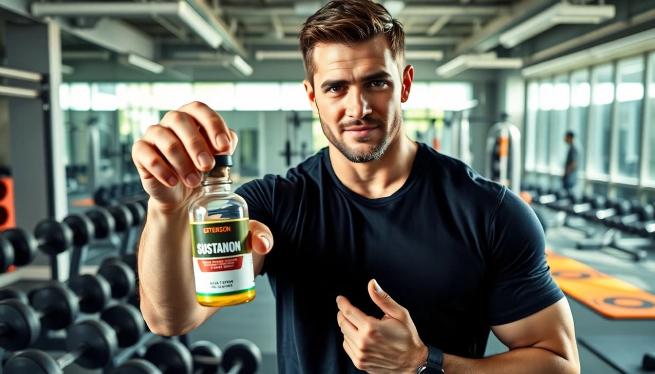 Sustanon kaufen in einer modernen Fitnessumgebung, präsentiert von einem Fitnesscoach, voller Energie und Engagement.