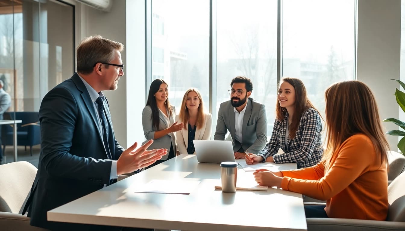 Headhunter Schweiz im modernen Büro, aktiver Austausch mit Kunden für Karriereberatung.