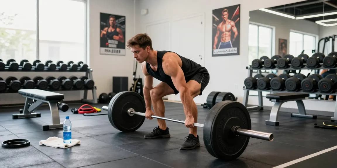 Fitness-Szene im Selliza Shop mit einem athletischen Bodybuilder beim Deadlifting in einem modernen Fitnessstudio.