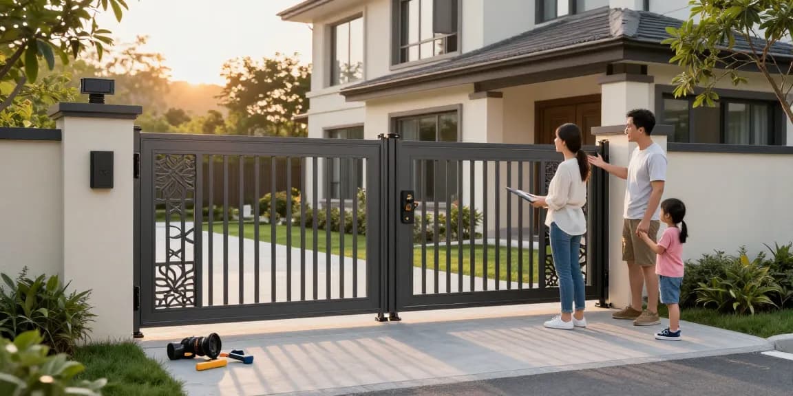 Elegantes Schiebetor bei einem modernen Zuhause mit spielenden Kindern und einem einladenden Garten.