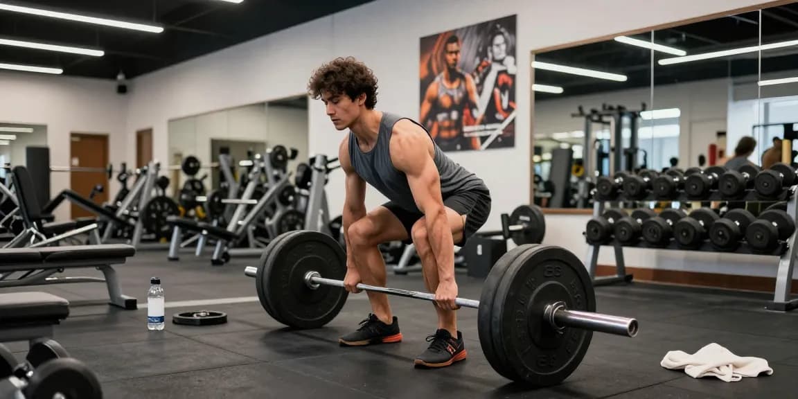 Anabolika Shop: Bodybuilder beim Deadlift im modernen Fitnessstudio, umgeben von Trainingsgeräten und motivierenden Plakaten.