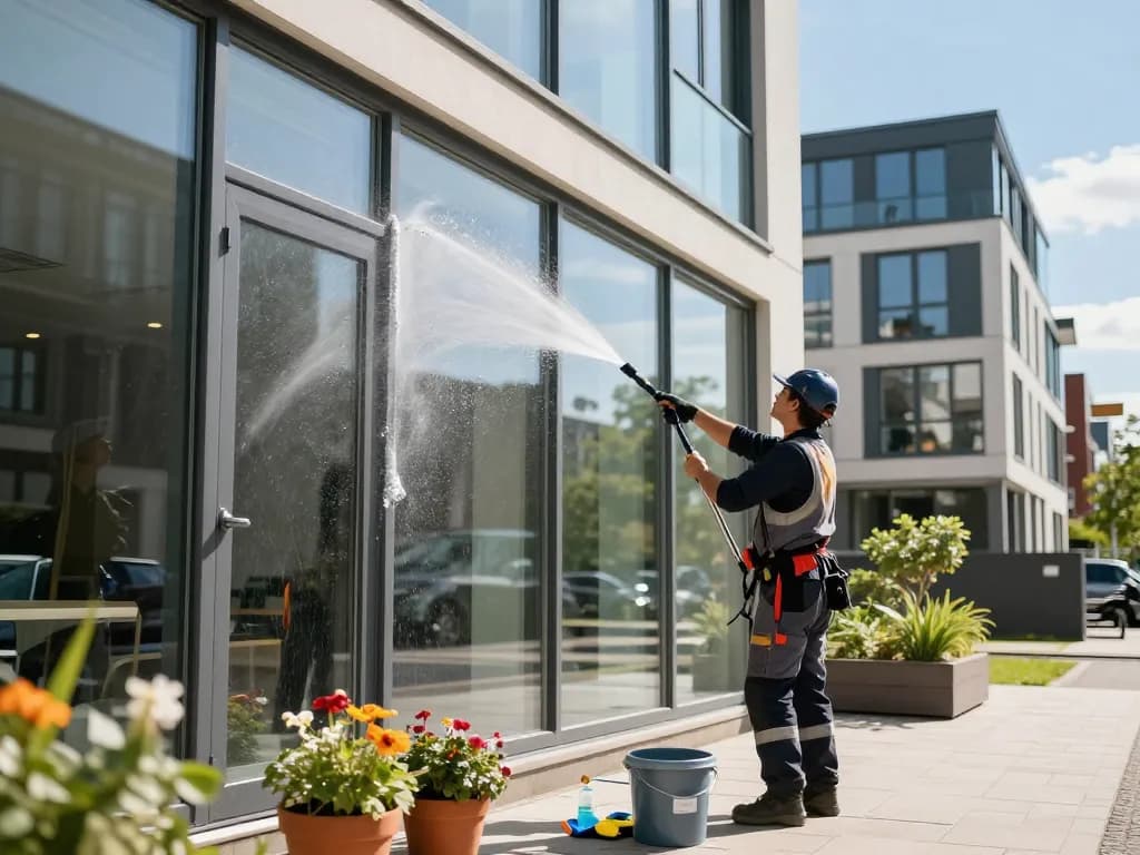 Glasreinigung in Münster mit einem professionellen Reiniger, der streifenfreie Fenster in hellen städtischen Umgebungen gewährleistet.