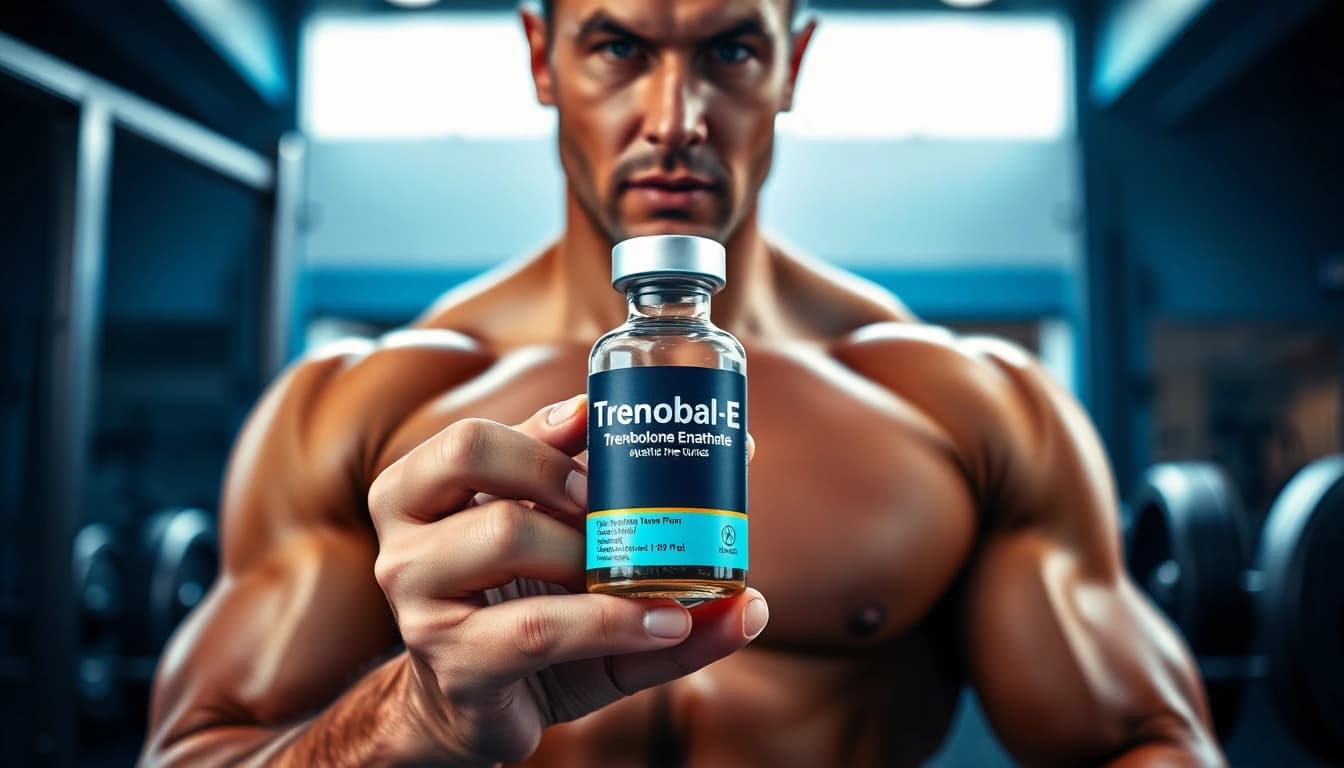 Profisportler präsentiert Trenobal-E Trenbolone Enathate in einem Fitnessstudio.
