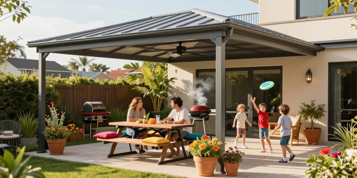 Moderne Terrassenüberdachung in einem sonnigen Garten mit Familienaktivitäten.