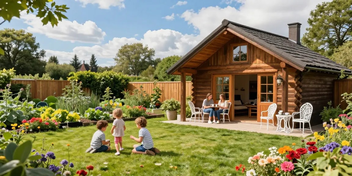 Schönes Garten Haus umgeben von blühenden Pflanzen und einer Familie, die im Freien entspannt.
