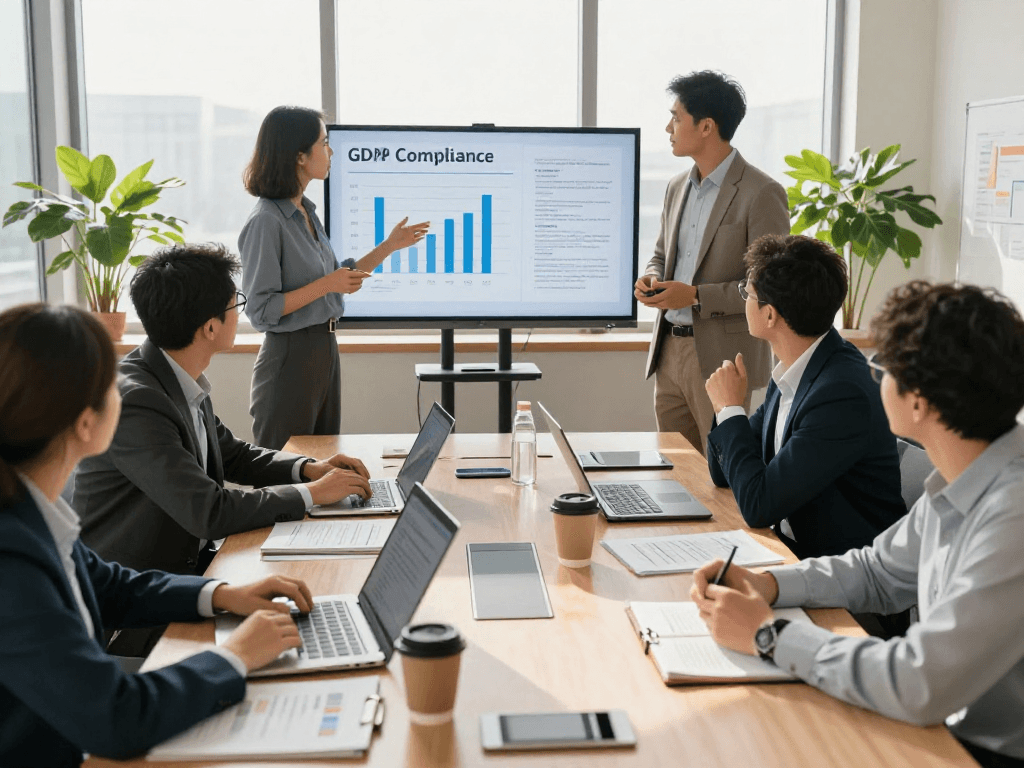 Startseite privacy consulting team collaborating in a modern office setting, discussing GDPR compliance strategies.