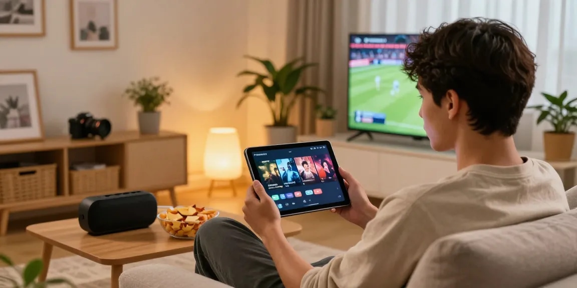 Streaming movies and live sports using FilmyZilla APK on a tablet in a cozy living room