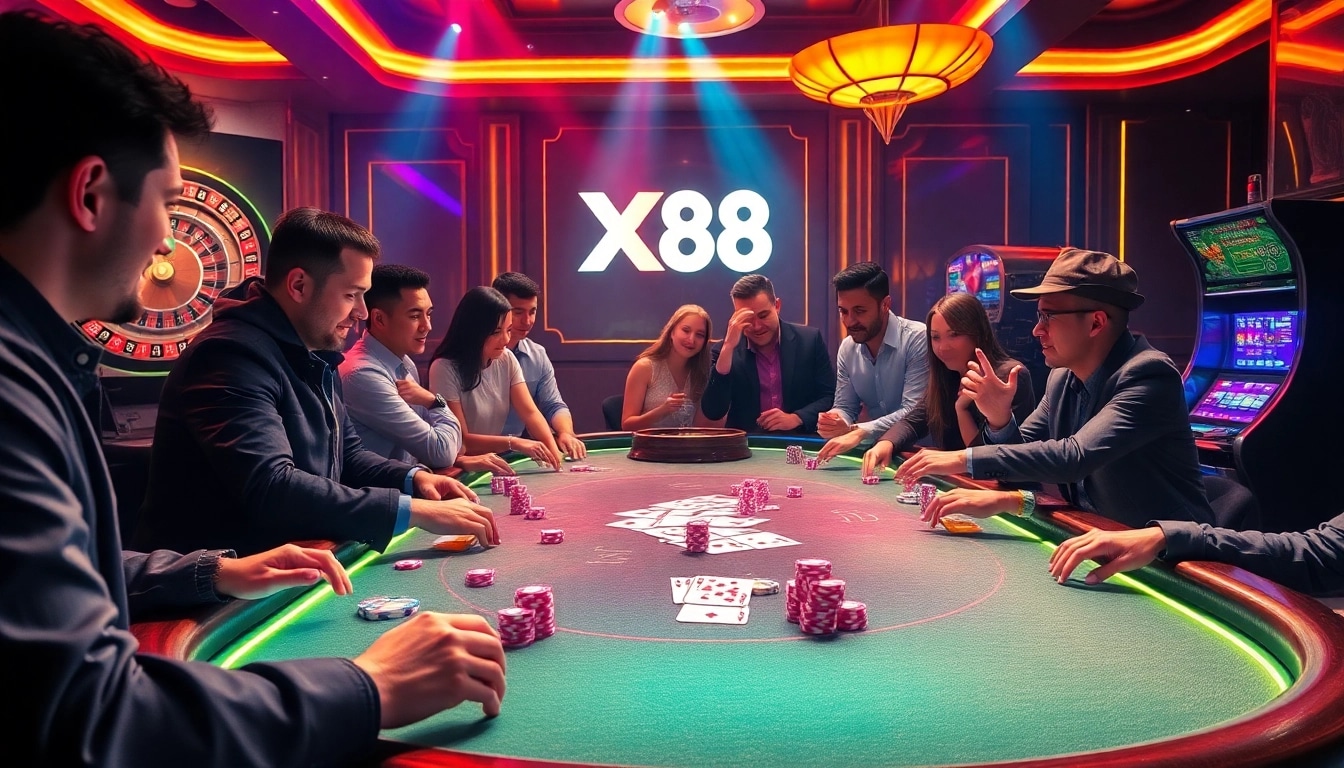 X88 casino poker table with players showcasing excitement and luxury in an engaging gaming atmosphere.