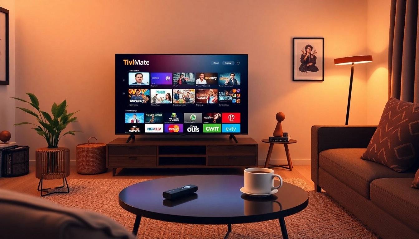 TiviMate auf Fire TV Stick installieren mit einer benutzerfreundlichen Oberfläche auf einem gemütlichen Wohnzimmerfernseher, der lebendige IPTV-Kanäle zeigt.