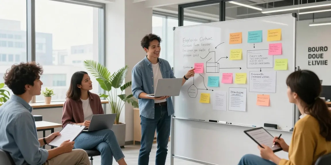 Bewertung der Arbeitskultur in einem modernen Büro mit einem Team, das zusammenarbeitet und Feedback austauscht.
