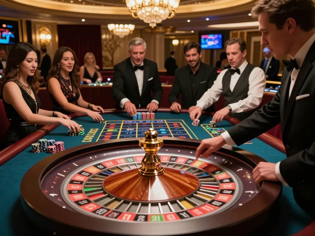 Players engaged in a thrilling roulette game at a luxurious casino, showcasing the excitement of 33WIN.