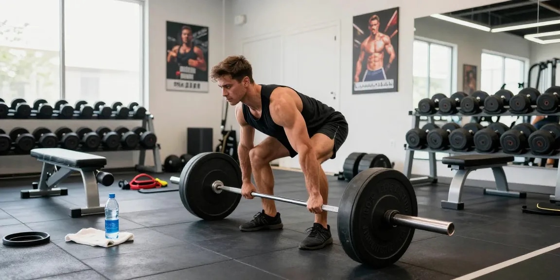 Fitness-Szene im Selliza Shop mit einem athletischen Bodybuilder beim Deadlifting in einem modernen Fitnessstudio.