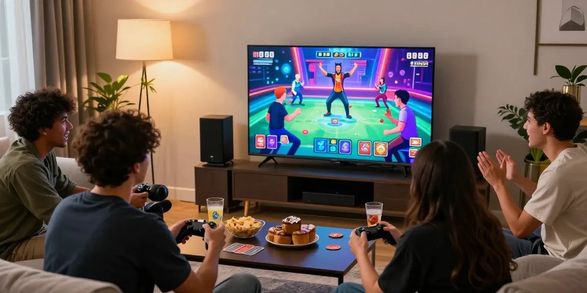 Friends enjoying gaming session on https://gemwin.pics/ in a modern living room, showcasing vibrant interactions and excitement.