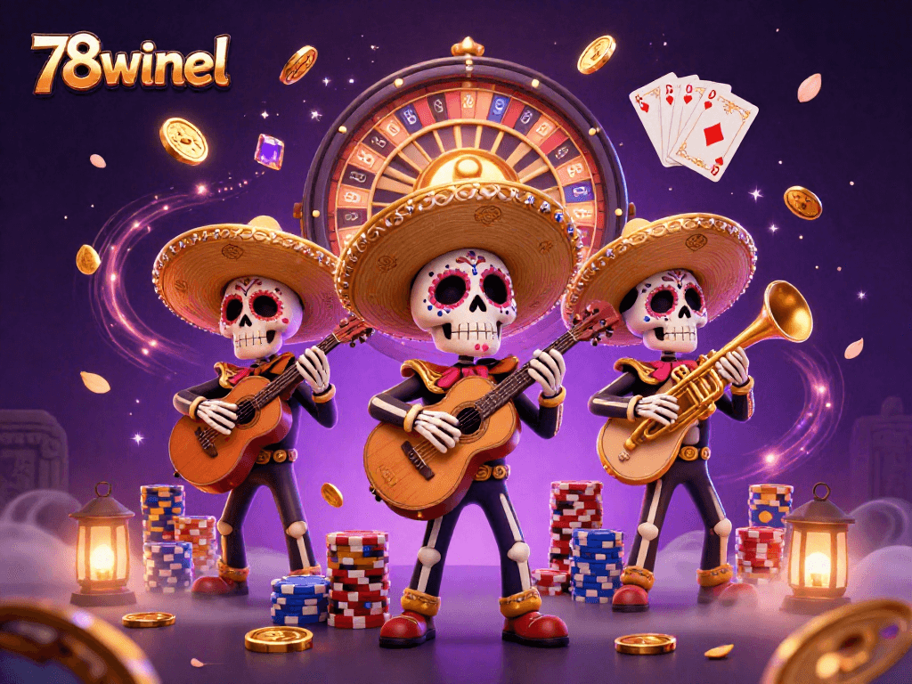 Experience thrilling gameplay at 78winel with a vibrant mariachi band amidst cascading coins and gaming excitement.