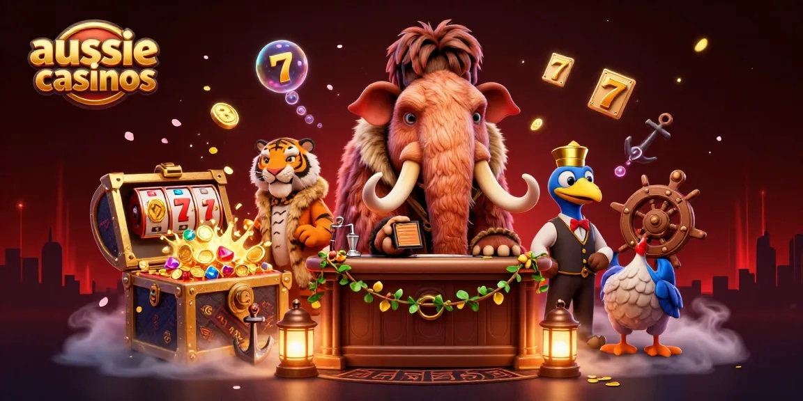 Aussie casinos feature a woolly mammoth checking IDs, with gold coins, slot reels, and vibrant underwater elements.