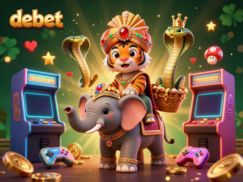 Experience debet's vibrant casino atmosphere with a jewel-encrusted elephant, a maharaja tiger, and a golden cobra in an energy-filled digital illustration.