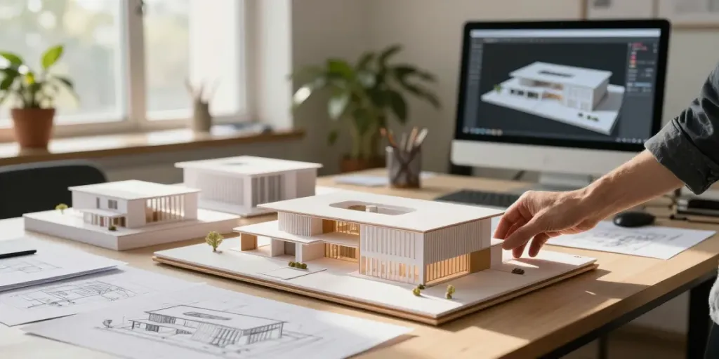 Präsentationsmodell Weissmodell auf dem Tisch eines Architekten mit Skizzen und Blaupausen.
