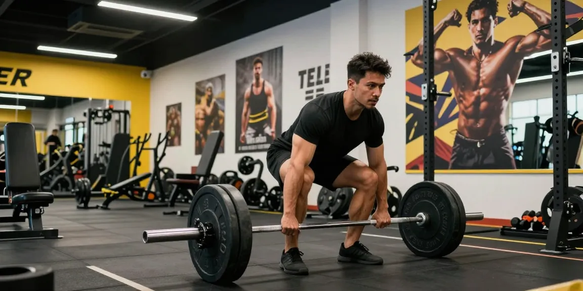 Medi Pharma Steroid Shop, sportliche Person beim Gewichtheben in einem modernen Fitnessstudio mit motivierenden Postern und hellem Licht.