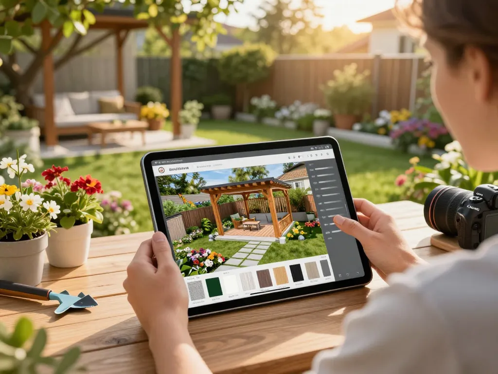Hausbesitzer, der einen Veranda 3D Konfigurator in einem lebhaften Gartenumfeld anpasst.