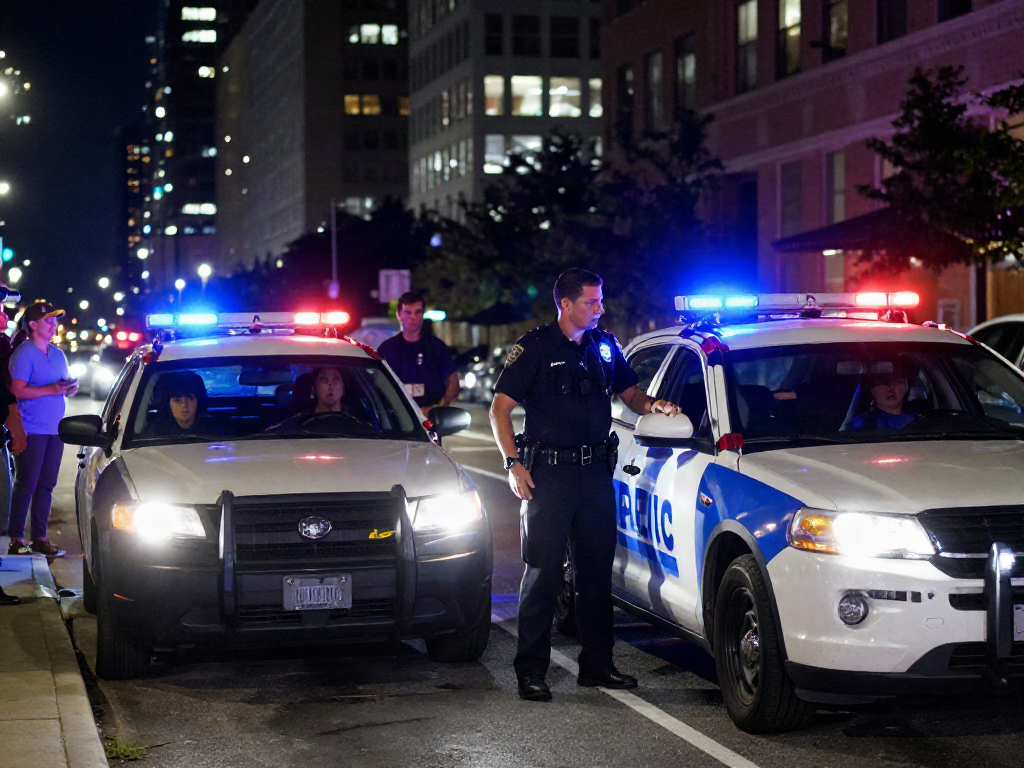 Cobb officer DUI stop at night with police lights and protective atmosphere in Atlanta.