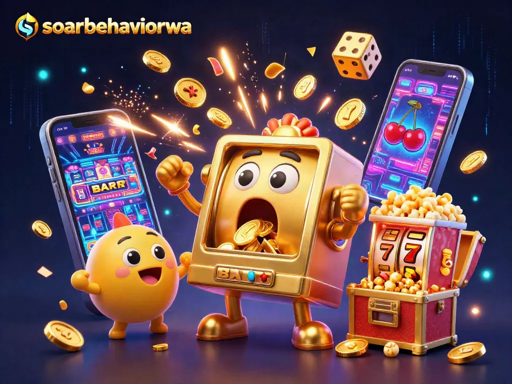 Win big at soarbehaviorwa with an energetic jackpot scene featuring animated slot machines and casino elements.