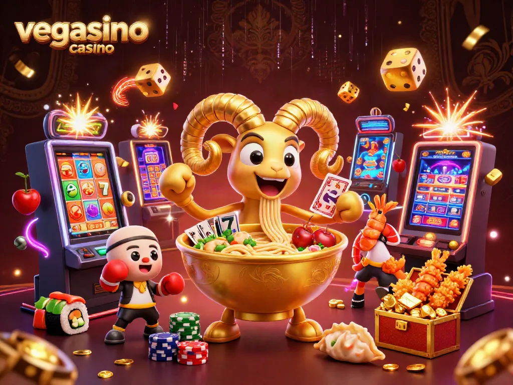 Experience the vibrant fun of vegasino casino with golden ramen bowl characters and slot machine jackpots.
