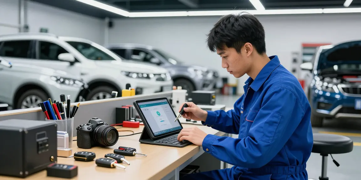 Schau es dir an, wie ein Techniker im Auto-Reparaturwerkstatt Schlüssel programmiert.