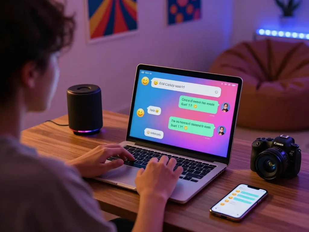 Interactive nsfw chat bot conversation in a cozy, vibrant digital space.