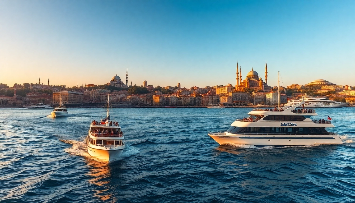 Kreuzfahrten auf dem Bosporus in Istanbul, moderne Boote, vibrante Stadtansicht im Hintergrund