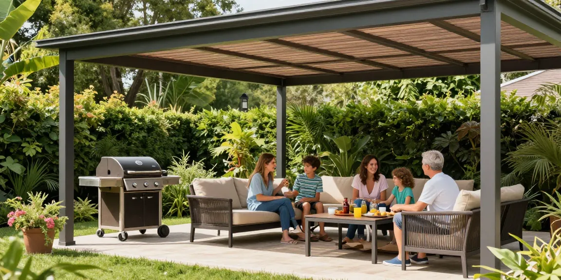 Terrassenüberdachung freistehend mit gemütlichen Möbeln im Garten.