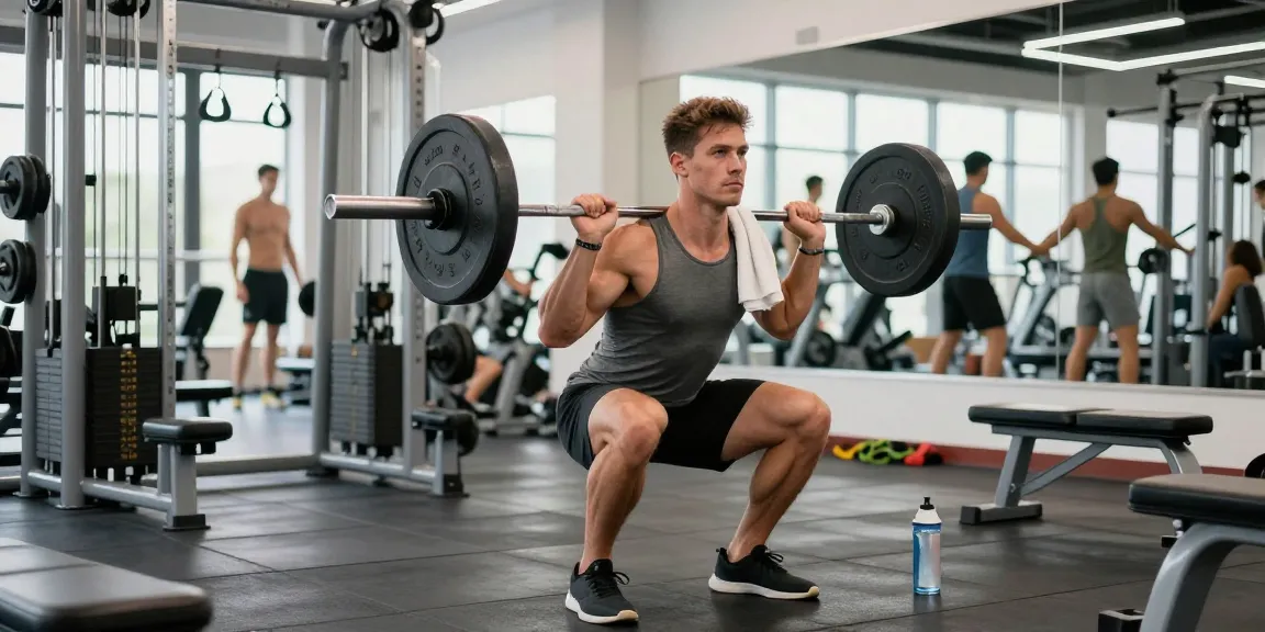 Muscular athlete training in Anabolika Shop gym, performing intense squat workout with barbell, surrounded by fitness equipment.