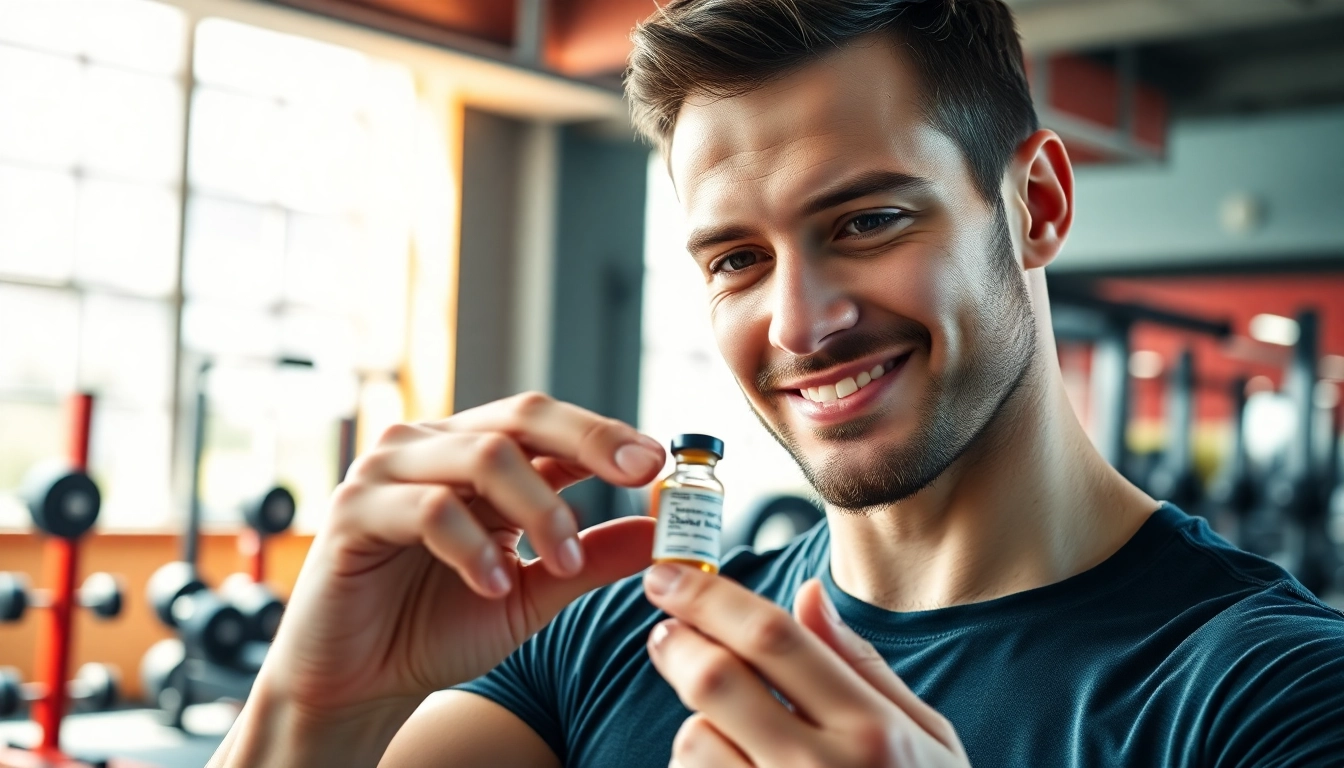 In einer Fitnessumgebung prüft ein Trainer sorgfältig eine Flasche sustanon kaufen, voller Energie und Professionalität.