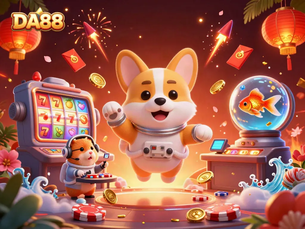 Experience the thrilling universe of DA88 through a vibrant casino scene featuring a corgi and whimsical elements.