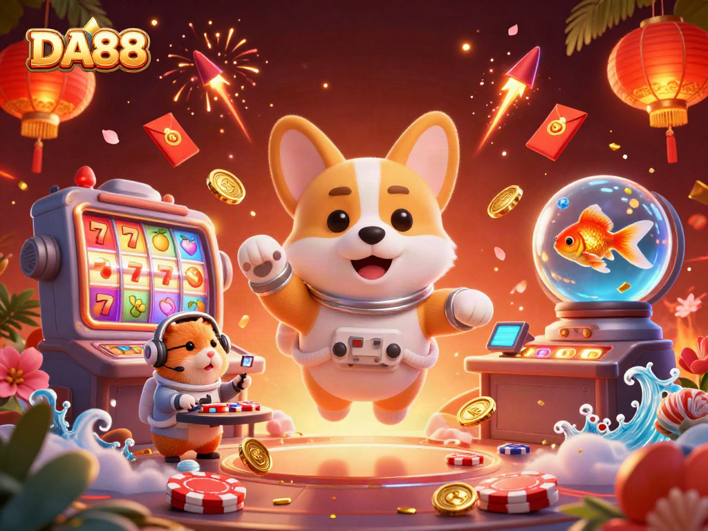 Experience the thrilling universe of DA88 through a vibrant casino scene featuring a corgi and whimsical elements.