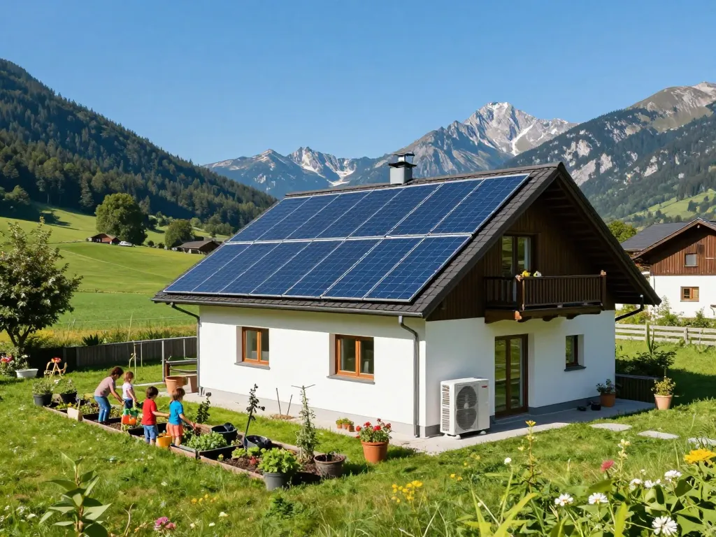 Photovoltaik Bayern, das ein nachhaltiges Zuhause mit Solarpanelen und Wärmepumpe in einer wunderschönen bayerischen Landschaft zeigt.