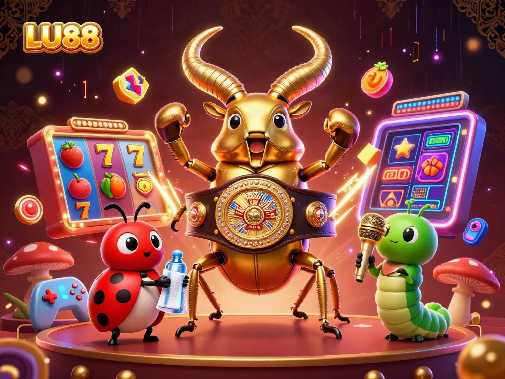 LU88 welcomes gamers with a vibrant 3D illustration showcasing a colossal golden beetle champion amidst slot elements for exciting gameplay.