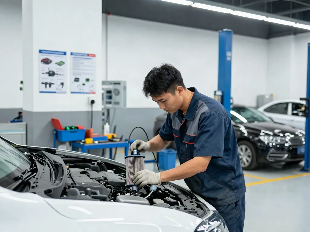DPF Reinigung Hannover in einer professionellen Werkstatt mit Mechaniker, der an einem Dieselpartikelfilter arbeitet.