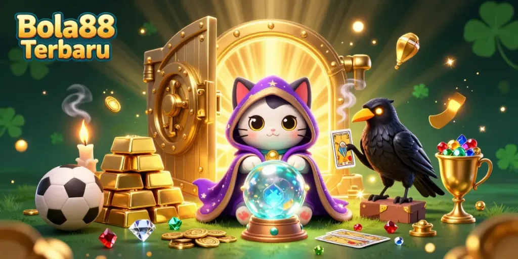 Bola88 Terbaru showcases a mystic cat fortune teller and a tarot-card raven amidst treasure, highlighting the excitement of online betting.