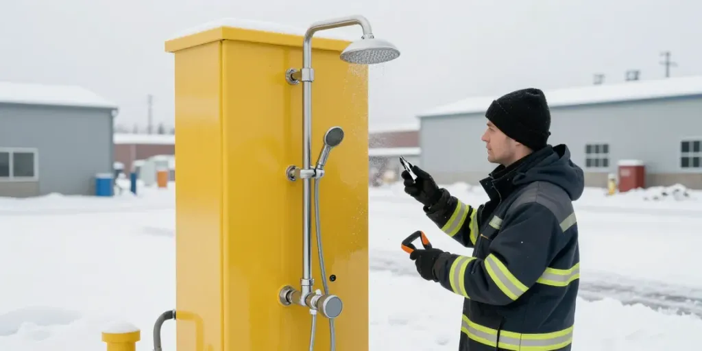 Heated emergency shower for outdoor areas under snow with technician inspecting it for safety.