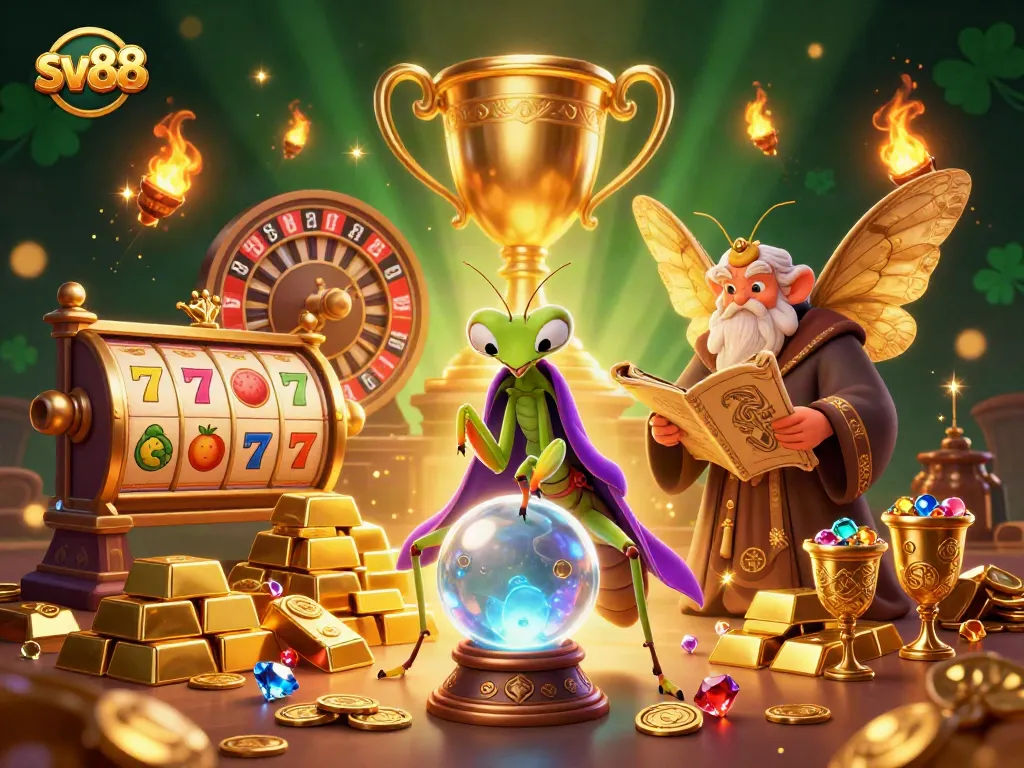 Experience sv88's vibrant casino world with a mystical fortune teller and dynamic game elements.
