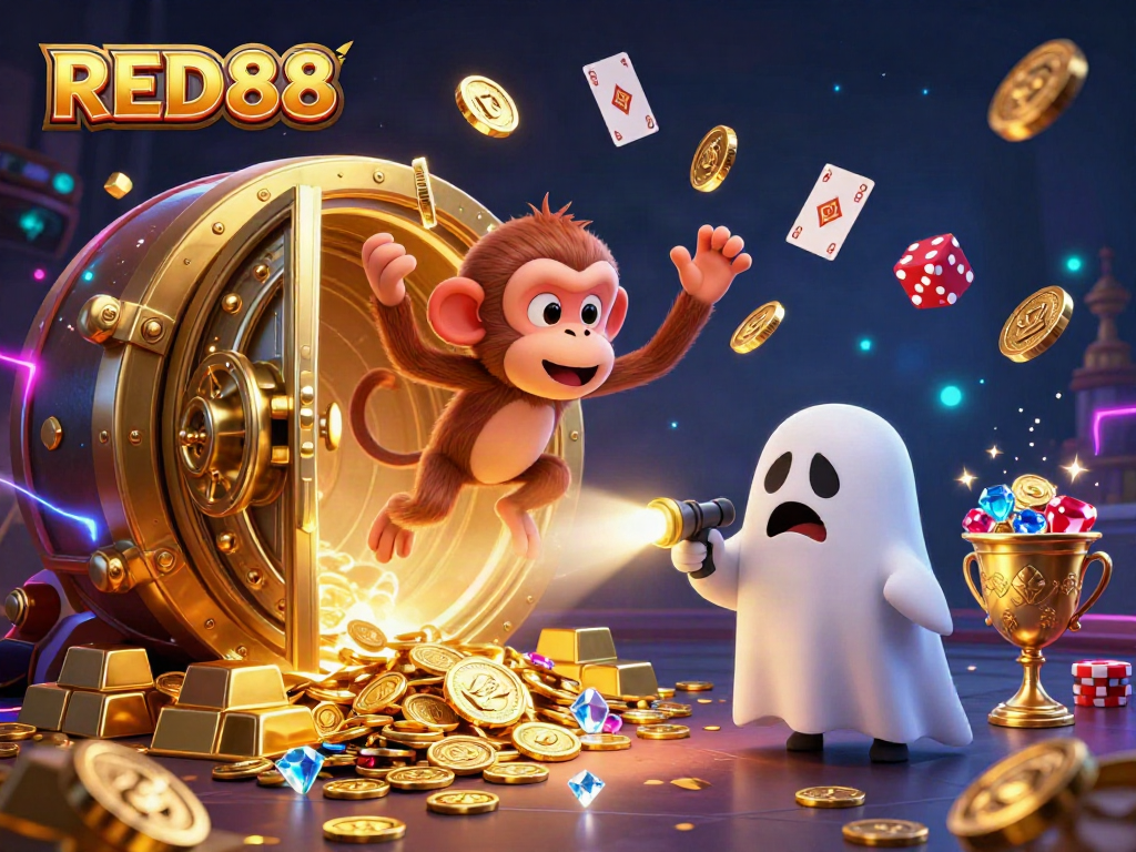 Experience the thrilling atmosphere of RED88 casino with a whimsical monkey and ghost-hunter.