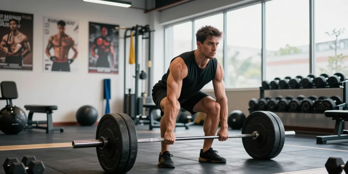 Steroidshop: Bodybuilder hebt schweres Gewicht im Fitnessstudio mit motivierender Atmosphäre.