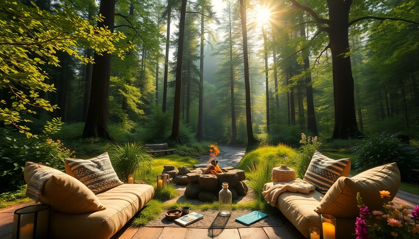 Erleben Sie Retreat Urlaub mit den Engeln im Schwarzwald in einer idyllischen Waldszene mit einem gemütlichen Sitzbereich.
