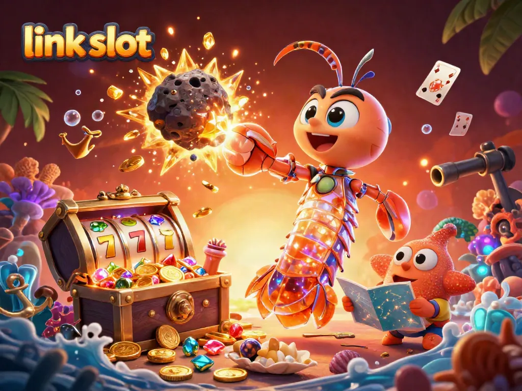 Experience thrilling wins at link slot with playful characters and exploding gems in a vibrant casino setting.