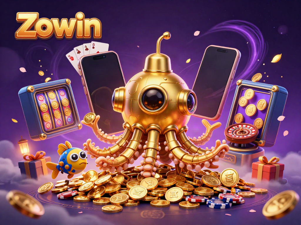 Zowin offers an exciting gaming experience with a golden kraken submarine and mechanical fish amid vibrant casino elements.