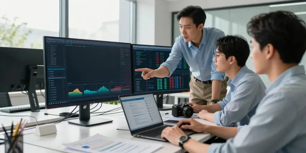 IT-Sicherheitsdienstleister analysiert sicherheitsrelevante Daten in einem modernen Büro.